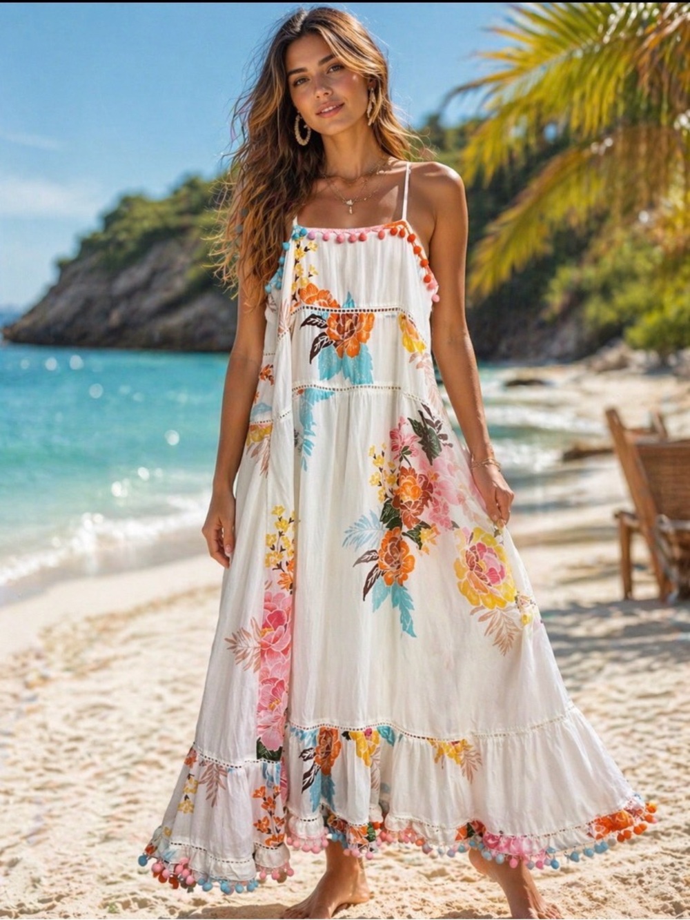 FARM RIO HAVANA MAXI FLORAL Hard to Find Dress  Ruffle Hem with Pom Poms